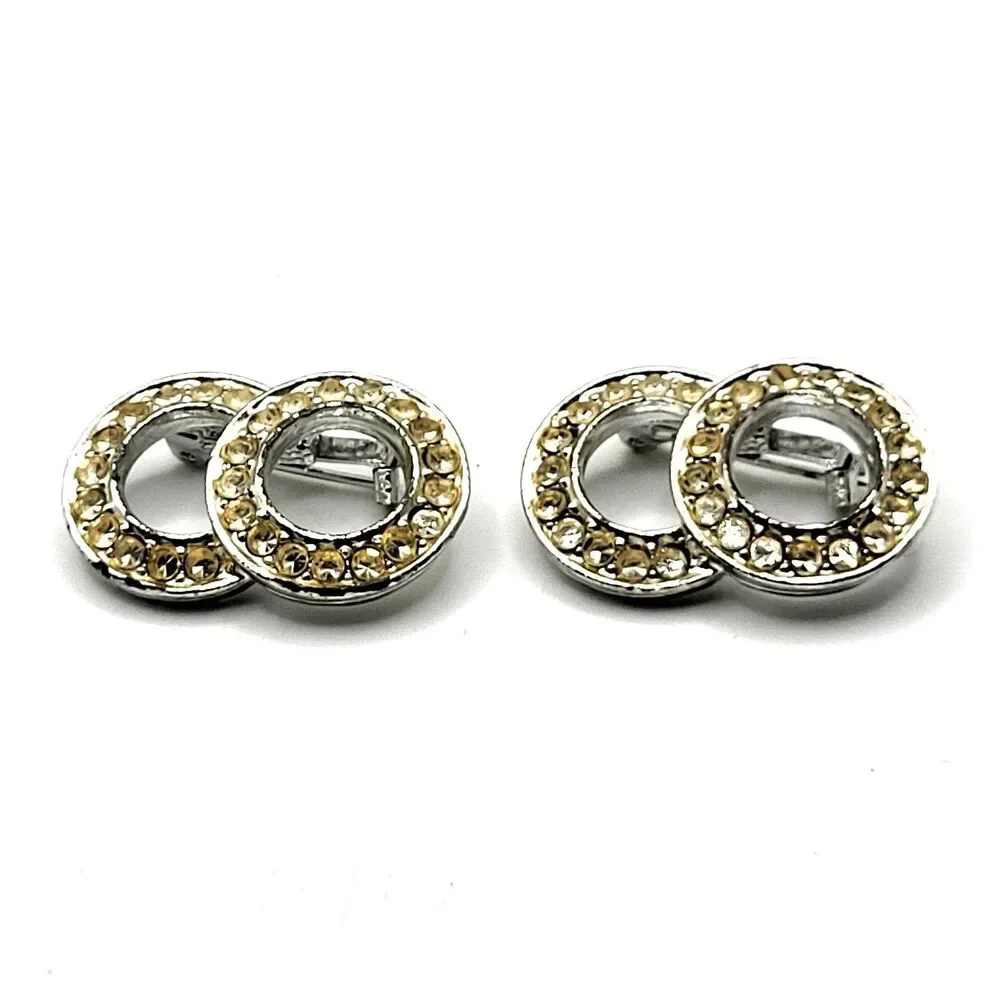 Estate lot of 2 Vintage Double Circle Rhinestone Pins 1.25in